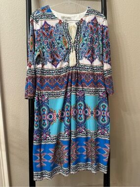 Sandra Darren Blue Multi Paisley Tassel-Front Midi Dress
